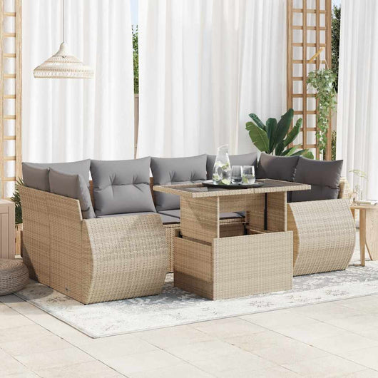 Set Divani da Giardino 7 pz con Cuscini Beige in Polyrattan