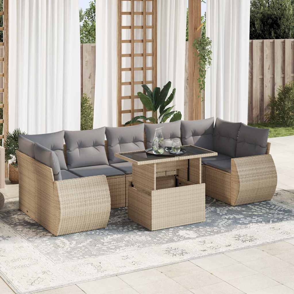 Set Divano da Giardino 8 pz con Cuscini Beige in Polyrattan