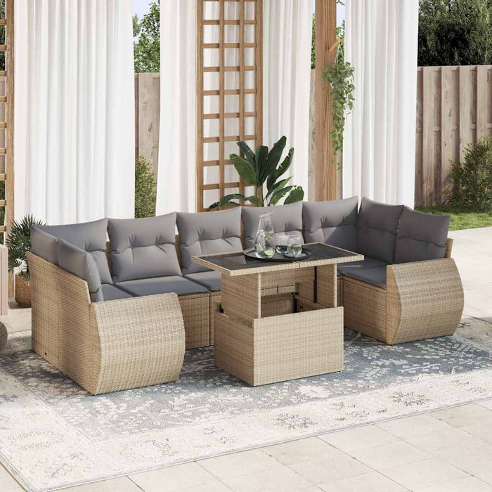Set Divano da Giardino 8 pz con Cuscini Beige in Polyrattan