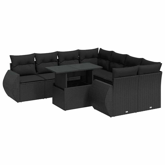 vidaXL Set Divani da Giardino 9 pz con Cuscini Nero in Polyrattan