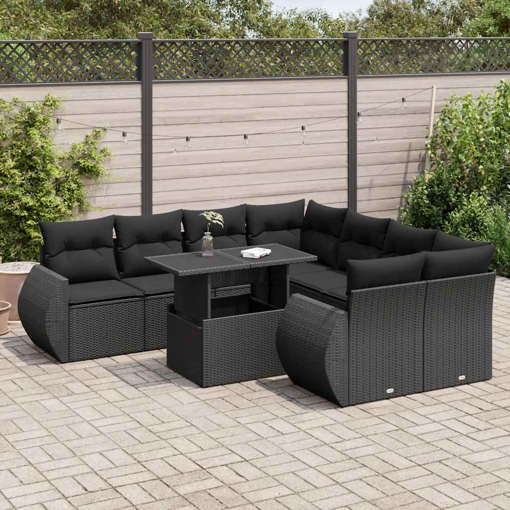 vidaXL Set Divani da Giardino 9 pz con Cuscini Nero in Polyrattan