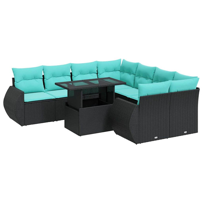 Set Divani da Giardino 9 pz con Cuscini Nero Polyrattan Acacia 3326608