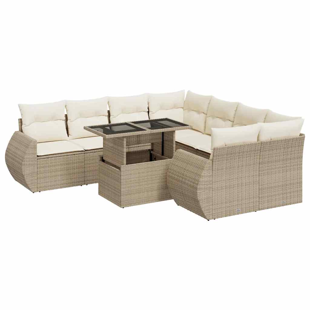 Set Divano da Giardino 9 pz con Cuscini Beige in Polyrattan