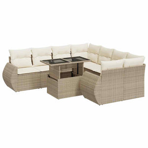 Set Divano da Giardino 9 pz con Cuscini Beige in Polyrattan