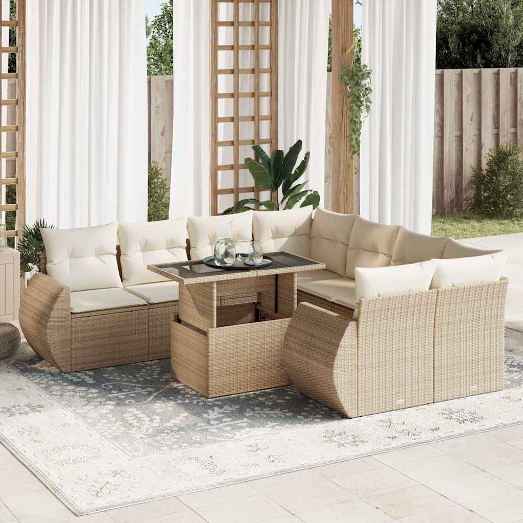 Set Divano da Giardino 9 pz con Cuscini Beige in Polyrattan