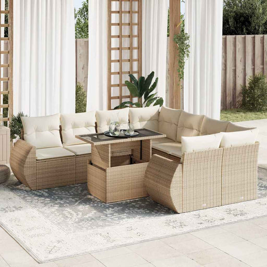 Set Divano da Giardino 9 pz con Cuscini Beige in Polyrattan
