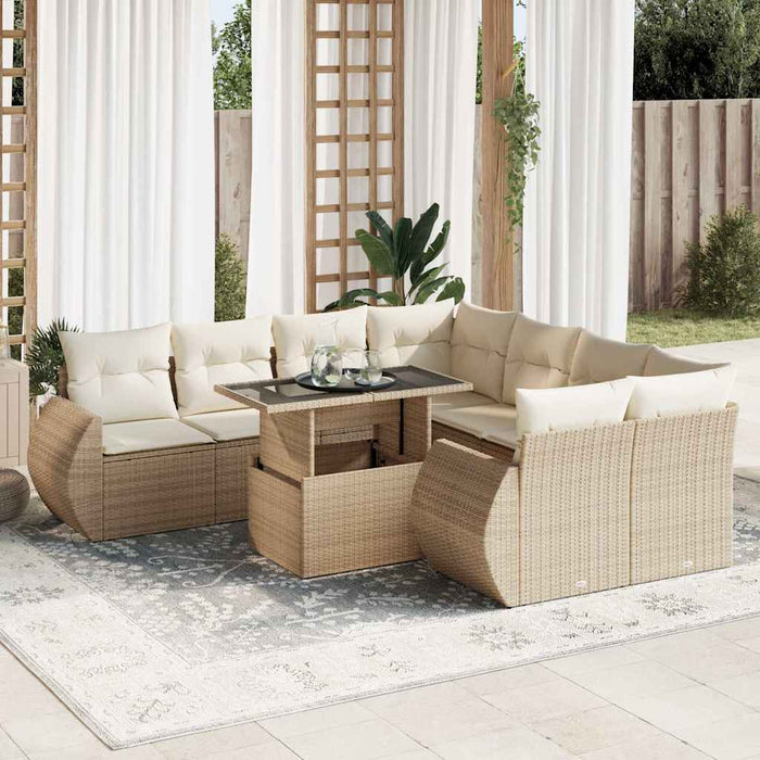 Set Divano da Giardino 9 pz con Cuscini Beige in Polyrattan