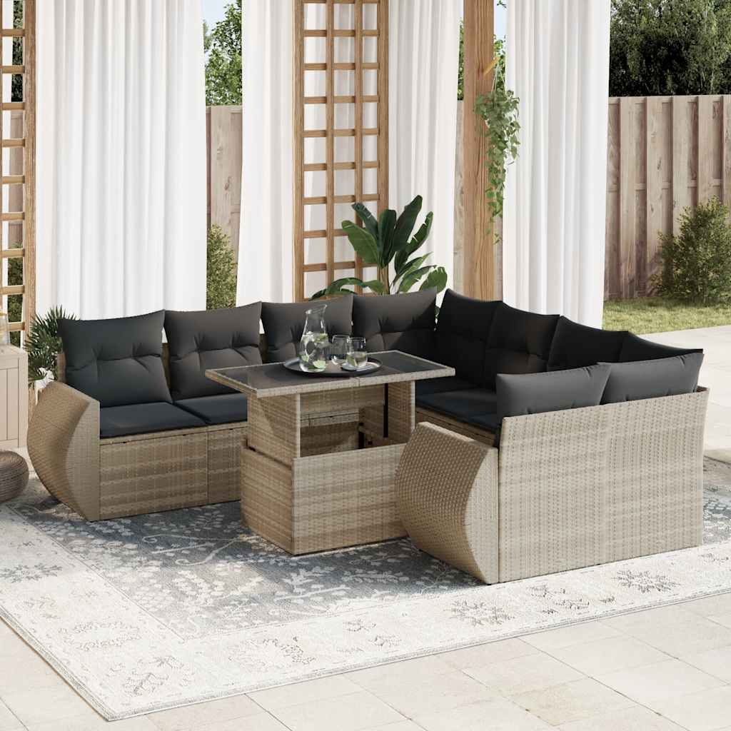 vidaXL Set Divano da Giardino 9pz con Cuscini Grigio Chiaro Polyrattan