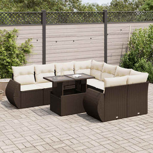 Set Divani da Giardino 9pz con Cuscini Marrone in Polyrattan