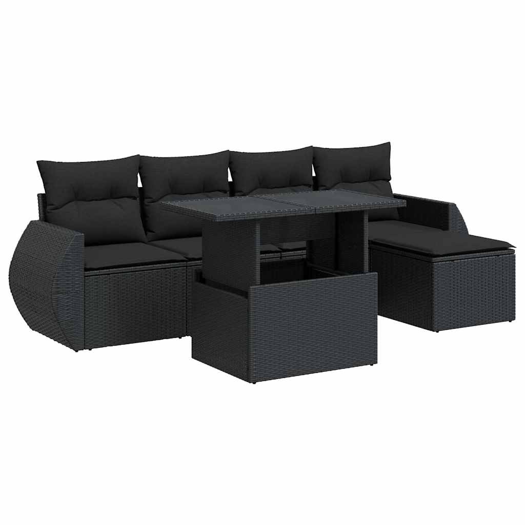 Set Divano da Giardino 6 pz con Cuscini Nero in Polyrattan