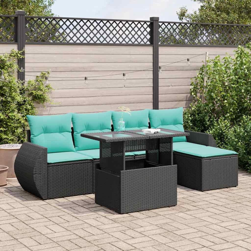 Set Divano da Giardino 6 pz con Cuscini Nero Polyrattan Acacia 3326618