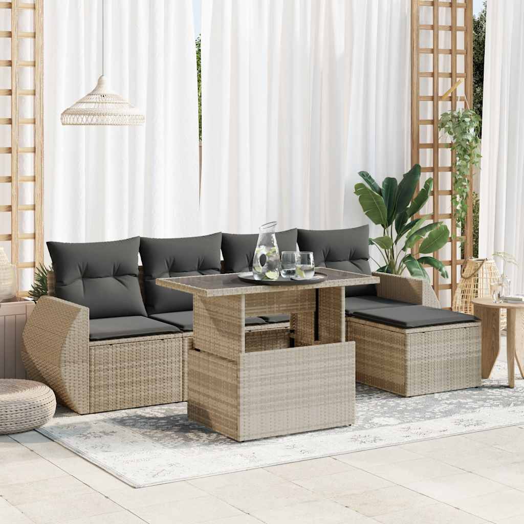 Set Divano da Giardino 6pz con Cuscini Grigio Chiaro Polyrattan