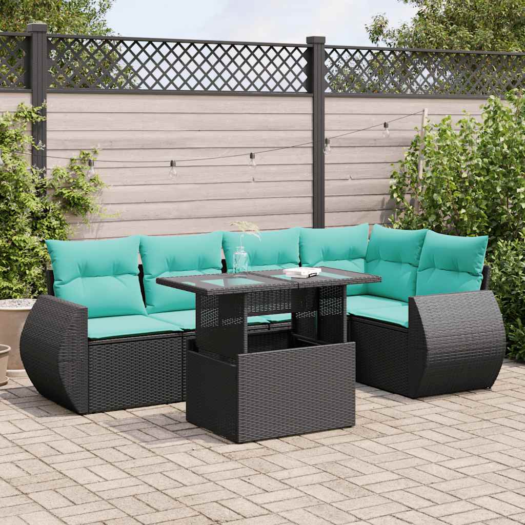 Set Divano da Giardino 6 pz con Cuscini Nero Polyrattan Acacia 3326638
