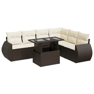 Set Divani da Giardino 7 pz con Cuscini Marrone in Polyrattan