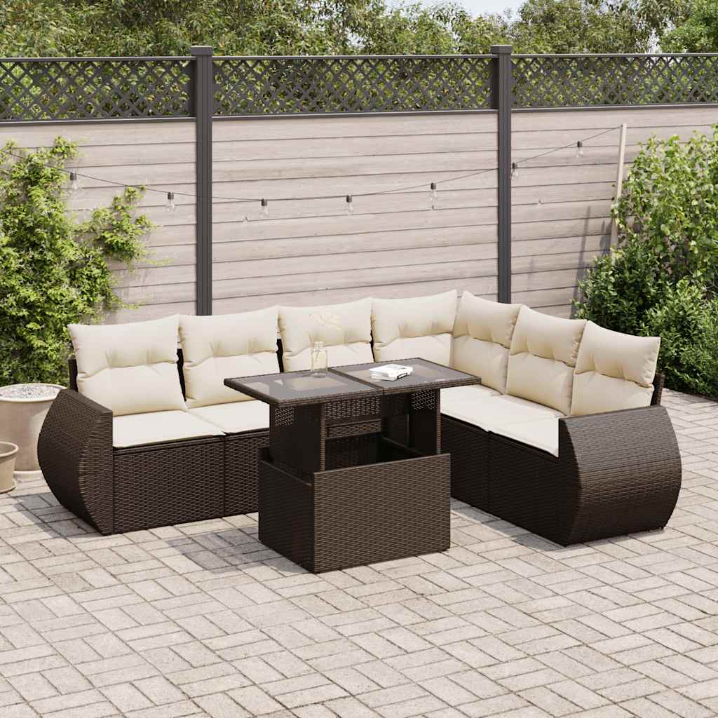 Set Divani da Giardino 7 pz con Cuscini Marrone in Polyrattan