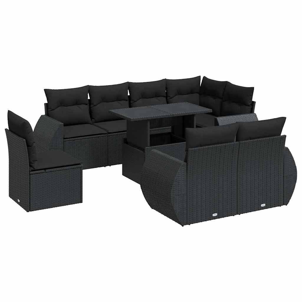 Set Divani da Giardino 9 pz con Cuscini Nero in Polyrattan 3326656