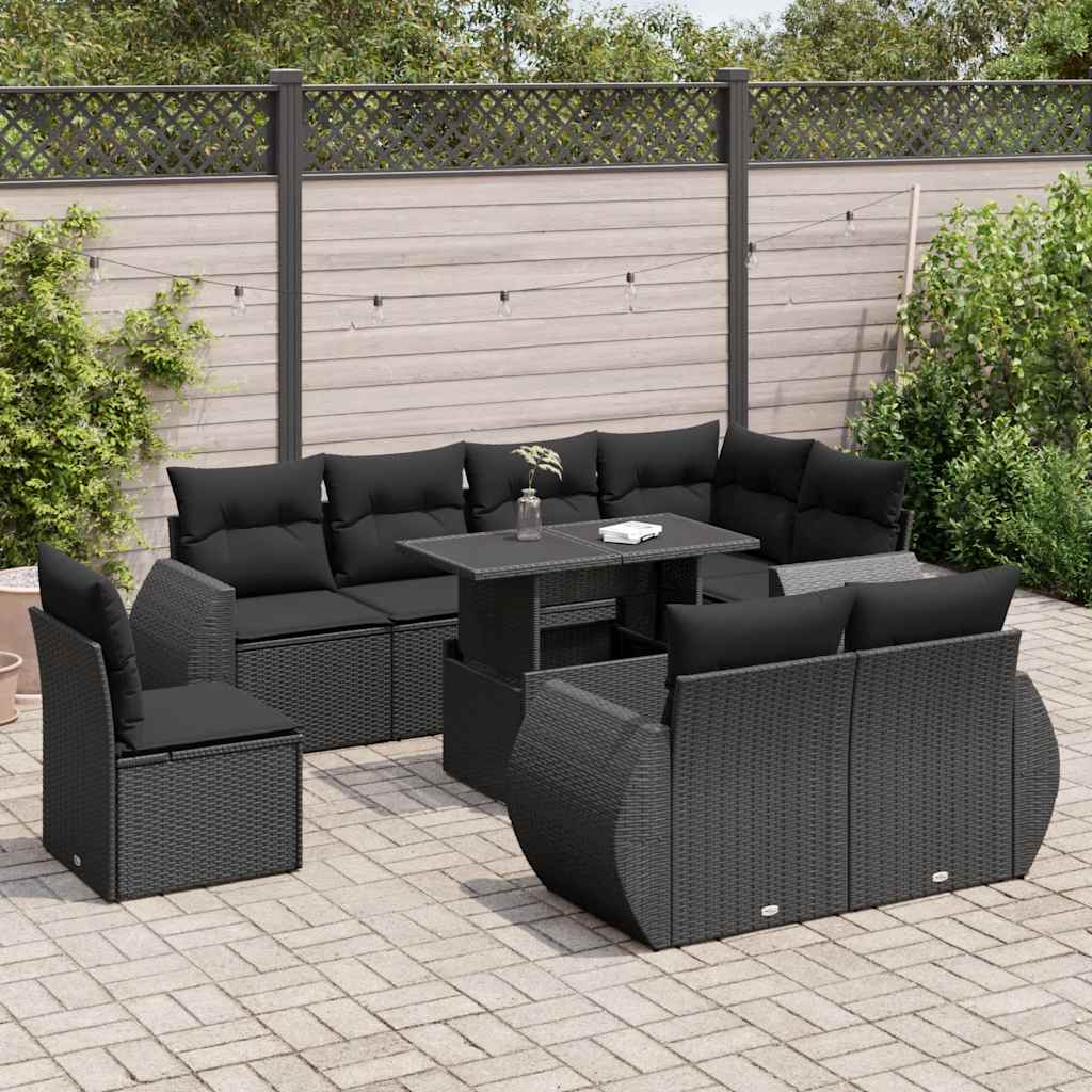 Set Divani da Giardino 9 pz con Cuscini Nero in Polyrattan 3326656