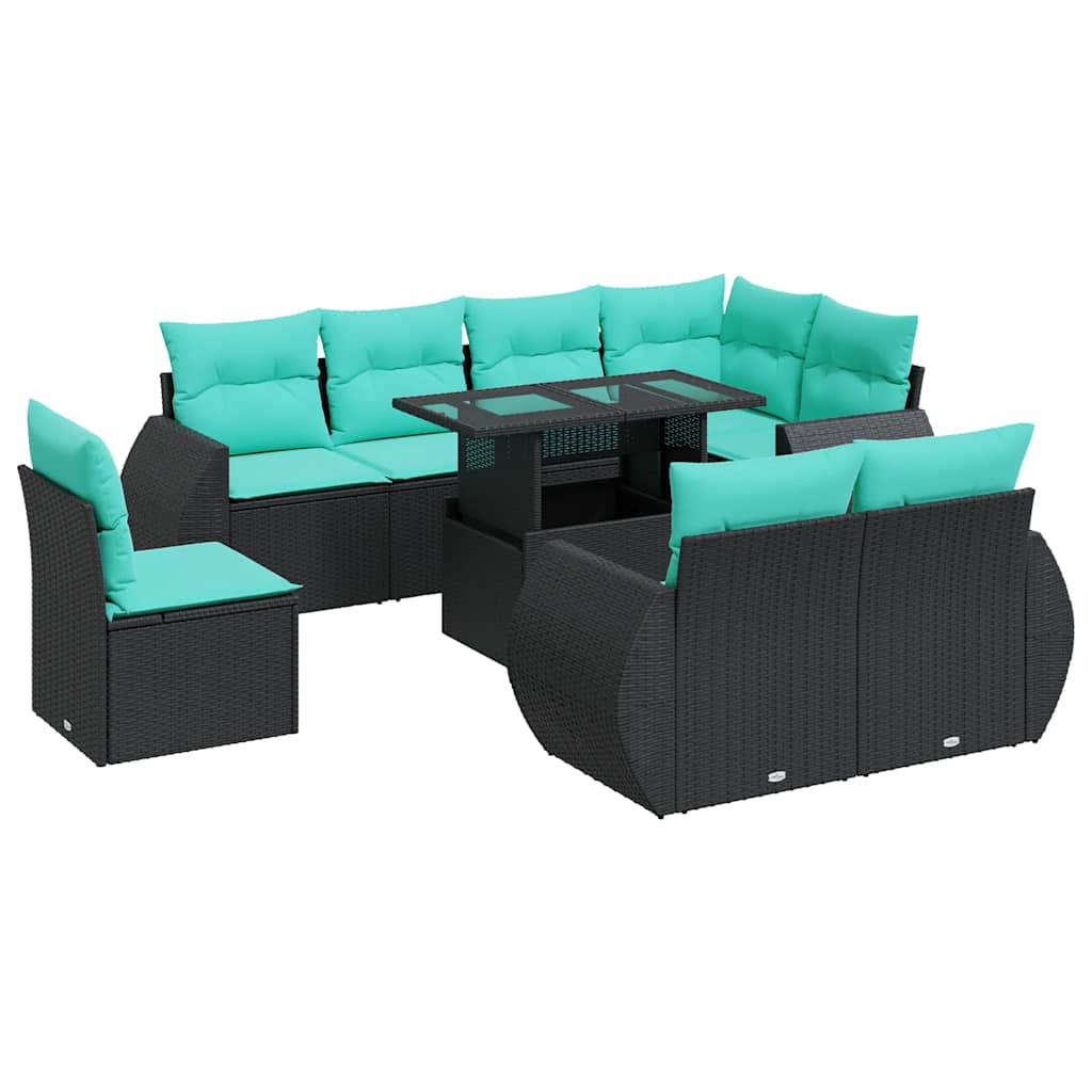 Set Divani da Giardino 9 pz con Cuscini Nero Polyrattan Acacia 3326658
