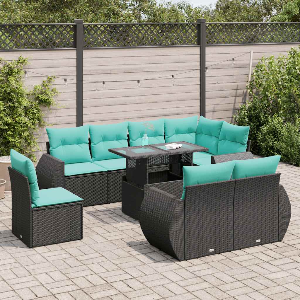 Set Divani da Giardino 9 pz con Cuscini Nero Polyrattan Acacia 3326658