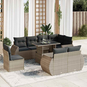 Set Divano da Giardino 9 pz con Cuscini Grigio in Polyrattan