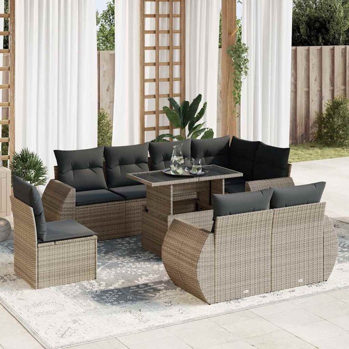 Set Divano da Giardino 9 pz con Cuscini Grigio in Polyrattan