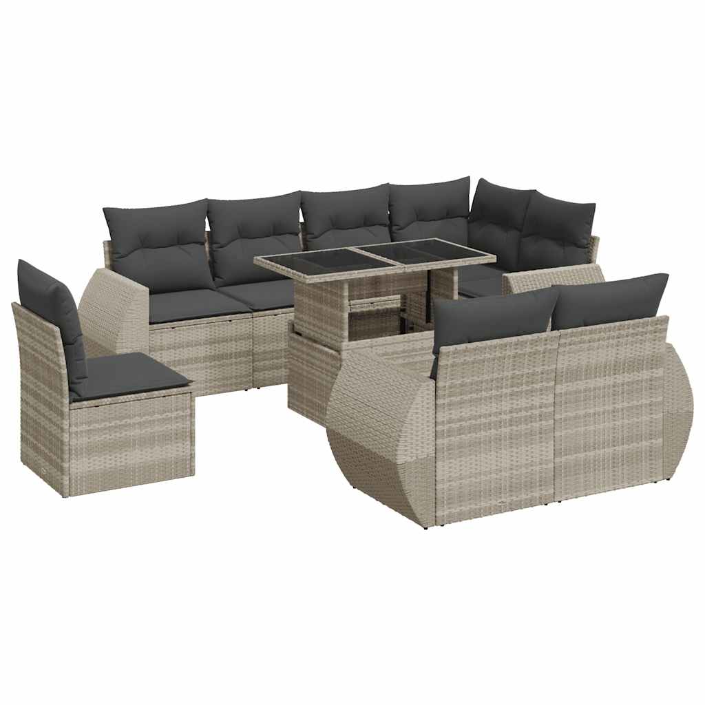 Set Divano da Giardino 9pz con Cuscini Grigio Chiaro Polyrattan