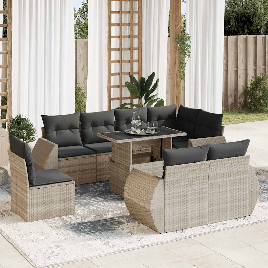Set Divano da Giardino 9pz con Cuscini Grigio Chiaro Polyrattan