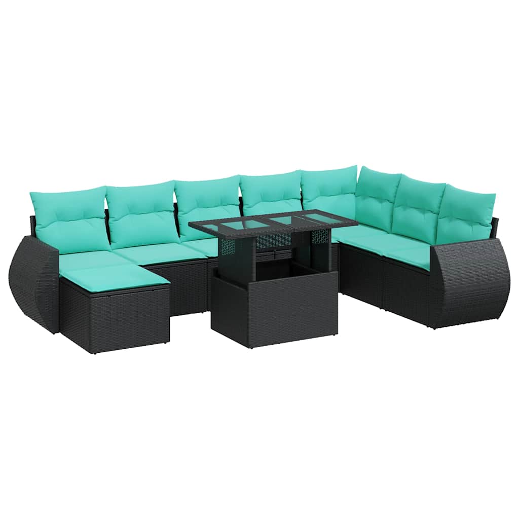 Set Divani da Giardino 9 pz con Cuscini Polyrattan Acacia Nero 3326688