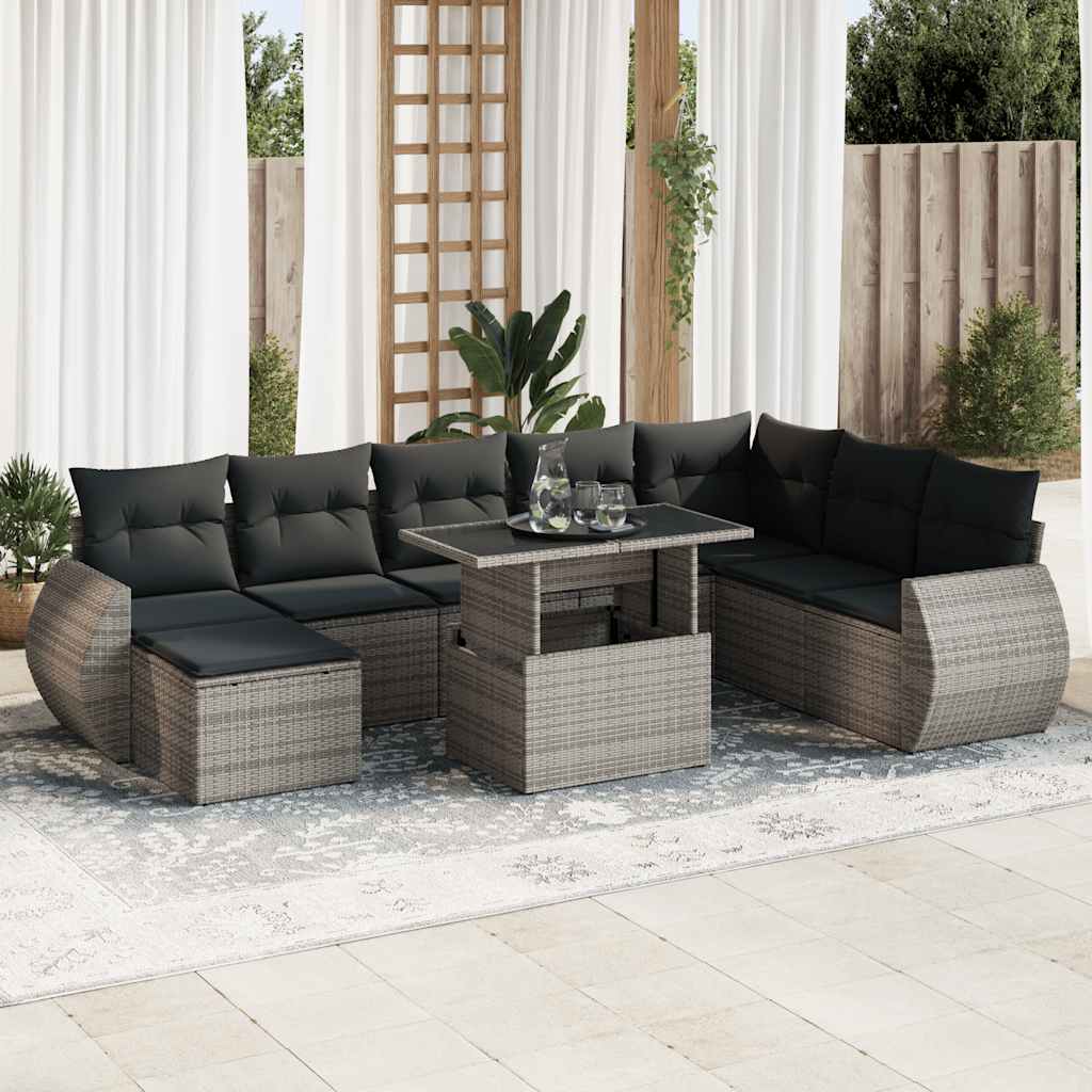 vidaXL Set Divano da Giardino 9 pz con Cuscini Grigio in Polyrattan