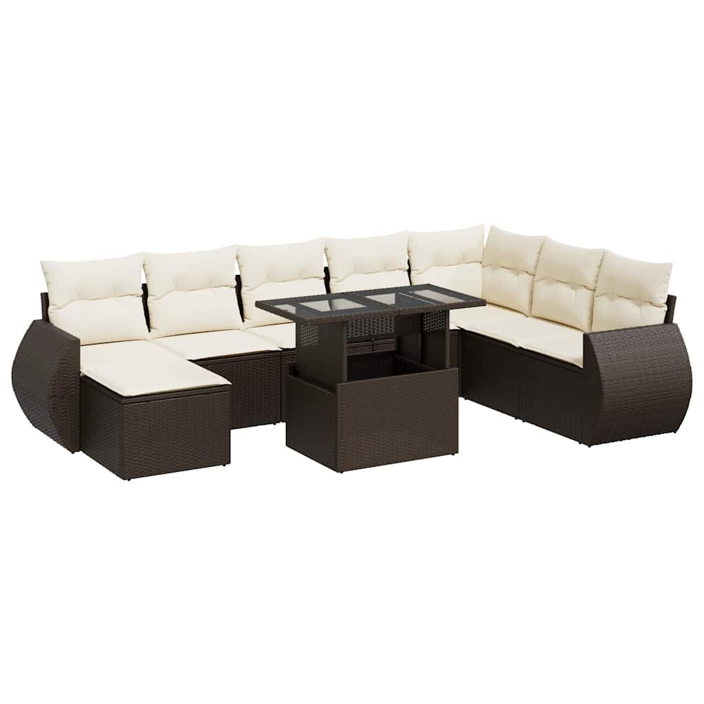 Set Divani da Giardino 9pz con Cuscini Marrone in Polyrattan