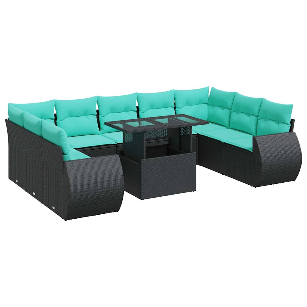Set Divani Giardino 10pz con Cuscini Nero in Polyrattan Acacia 3326698