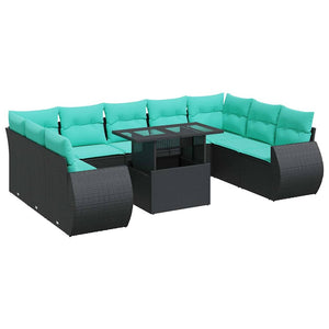 Set Divani Giardino 10pz con Cuscini Nero in Polyrattan Acacia 3326698