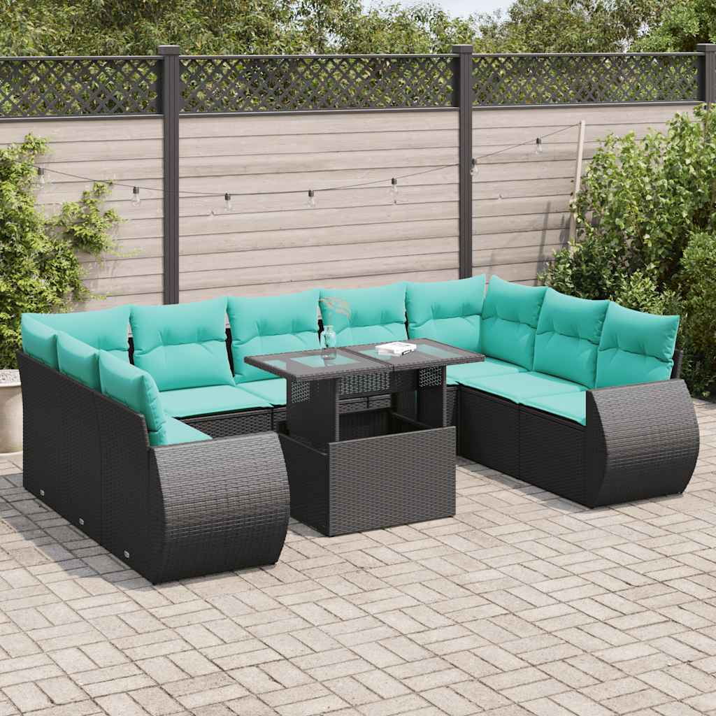 Set Divani Giardino 10pz con Cuscini Nero in Polyrattan Acacia 3326698
