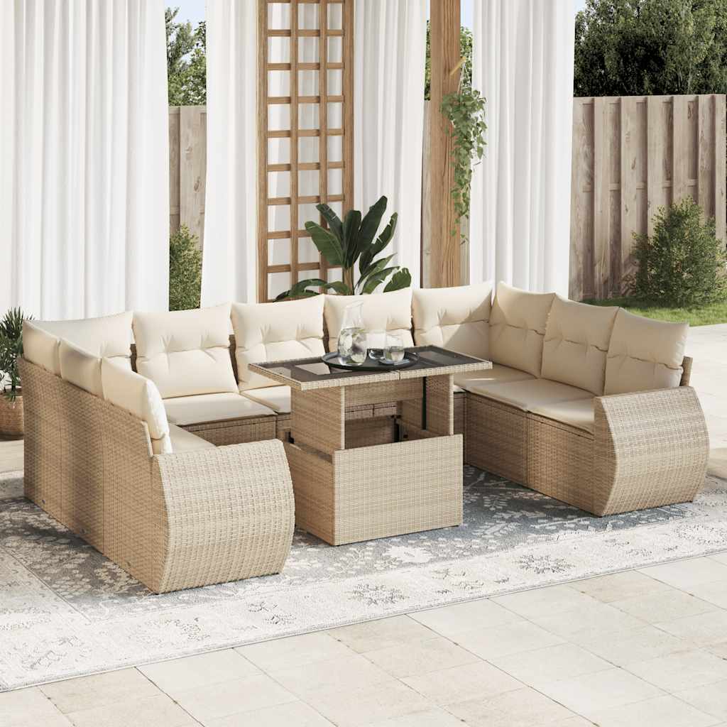 Set Divano da Giardino 10 pz con Cuscini Beige in Polyrattan 3326699