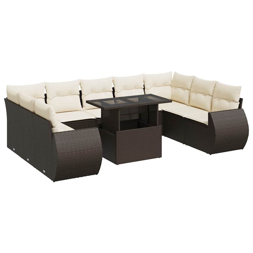 Set Divani da Giardino 10pz con Cuscini in Polyrattan Marrone