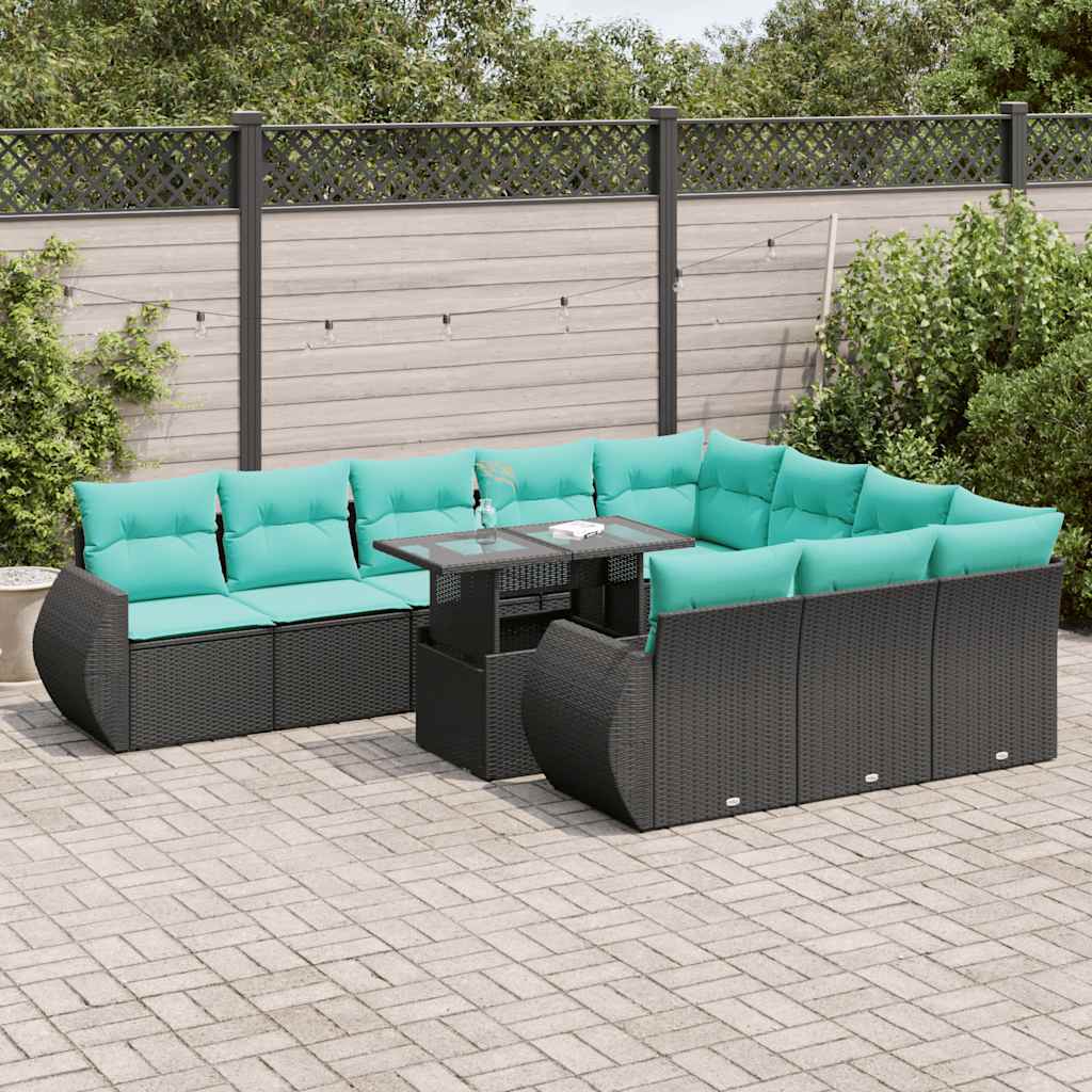 Set Divani da Giardino 11 pz con Cuscini Polyrattan Acacia Nero 3326708