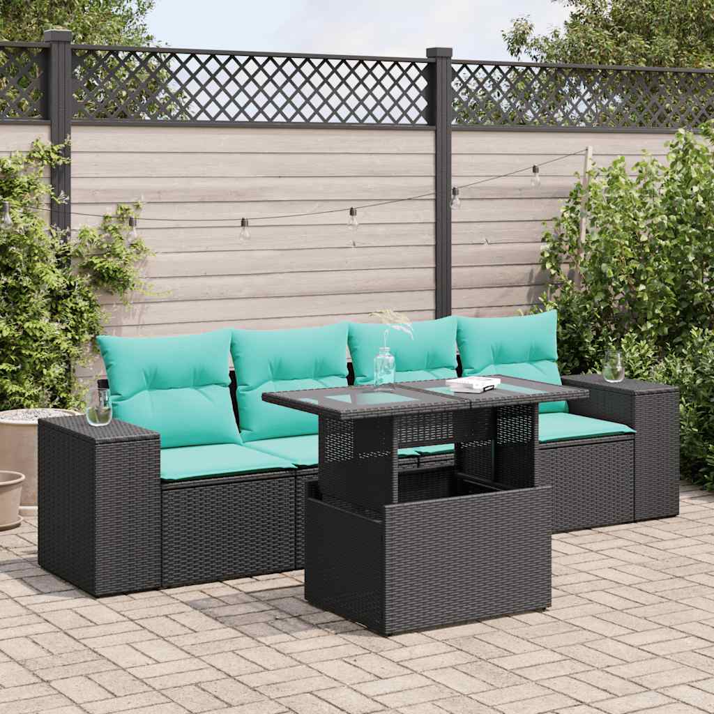 Set Divani da Giardino 5 pz con Cuscini Nero Polyrattan Acacia 3326718