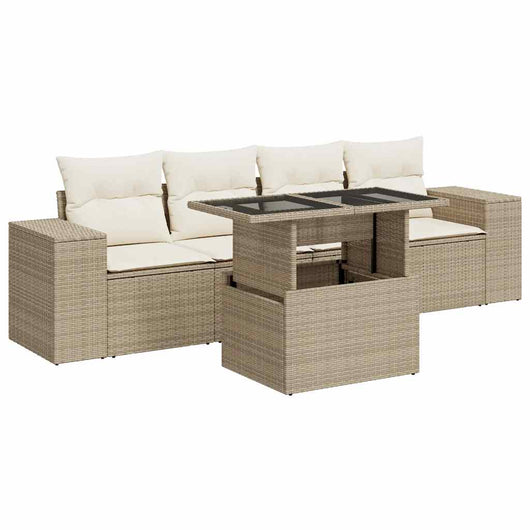 Set Divano da Giardino 5 pz con Cuscini Beige in Polyrattan