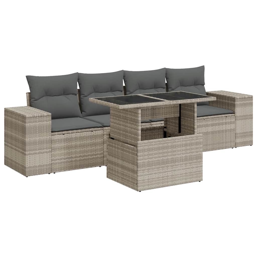 vidaXL Set Divano da Giardino 5pz con Cuscini Grigio Chiaro Polyrattan