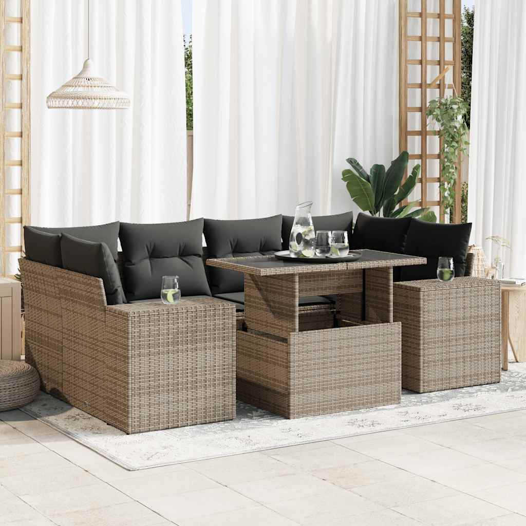 Set Divani da Giardino 7 pz con Cuscini Grigio in Polyrattan