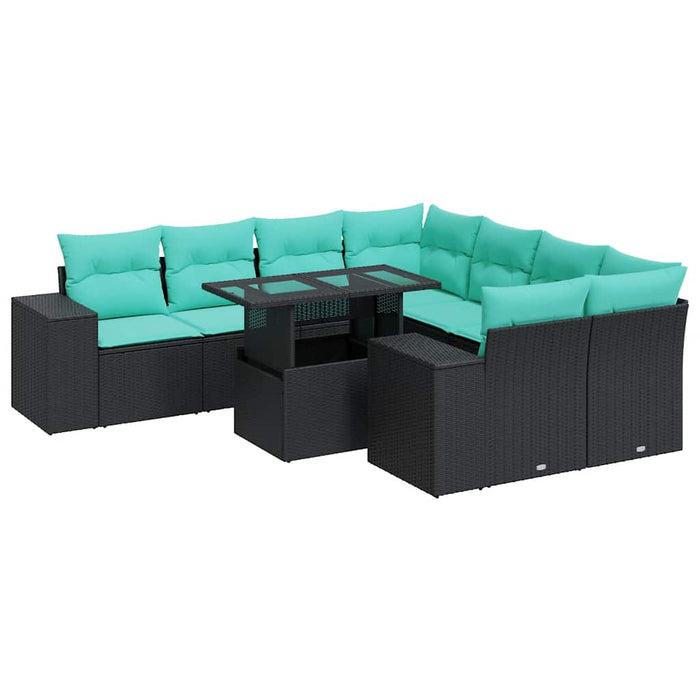 Set Divani da Giardino 9 pz con Cuscini Nero Polyrattan Acacia 3326768