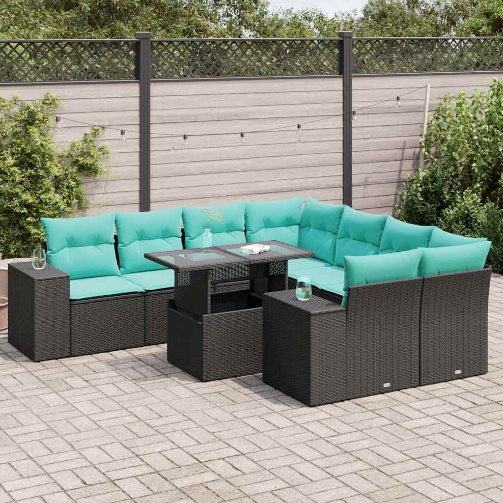Set Divani da Giardino 9 pz con Cuscini Nero Polyrattan Acacia 3326768