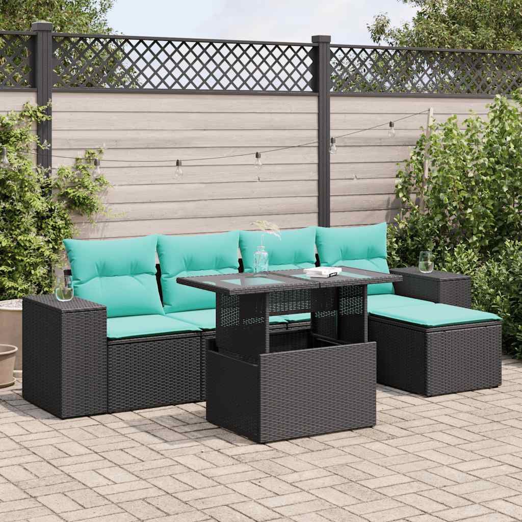 Set Divano da Giardino 6 pz con Cuscini Nero Polyrattan Acacia 3326778
