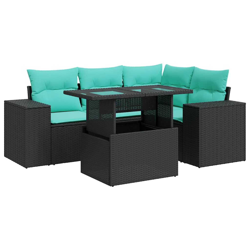 Set Divano da Giardino 5 pz con Cuscini Nero Polyrattan Acacia 3326788