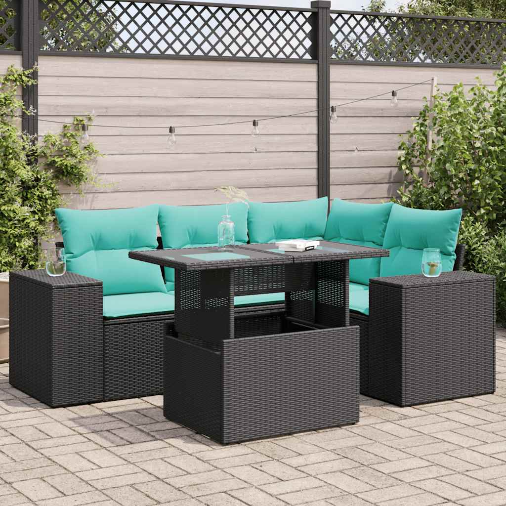 Set Divano da Giardino 5 pz con Cuscini Nero Polyrattan Acacia 3326788
