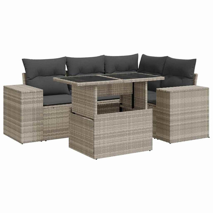 Set Divano da Giardino 5pz con Cuscini Grigio Chiaro Polyrattan