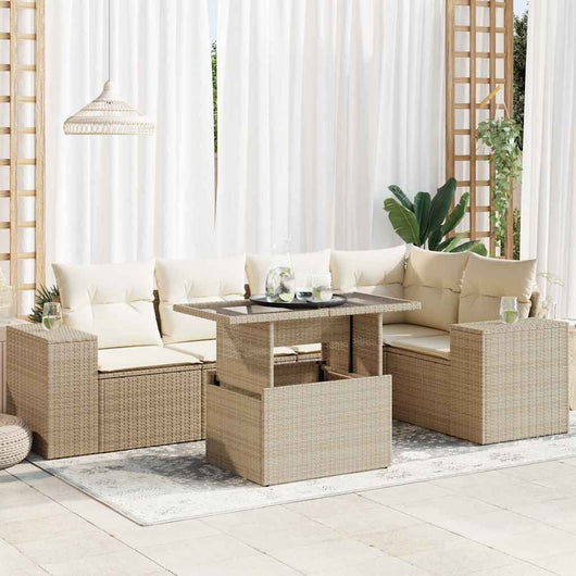 Set Divano da Giardino 6 pz con Cuscini Beige in Polyrattan
