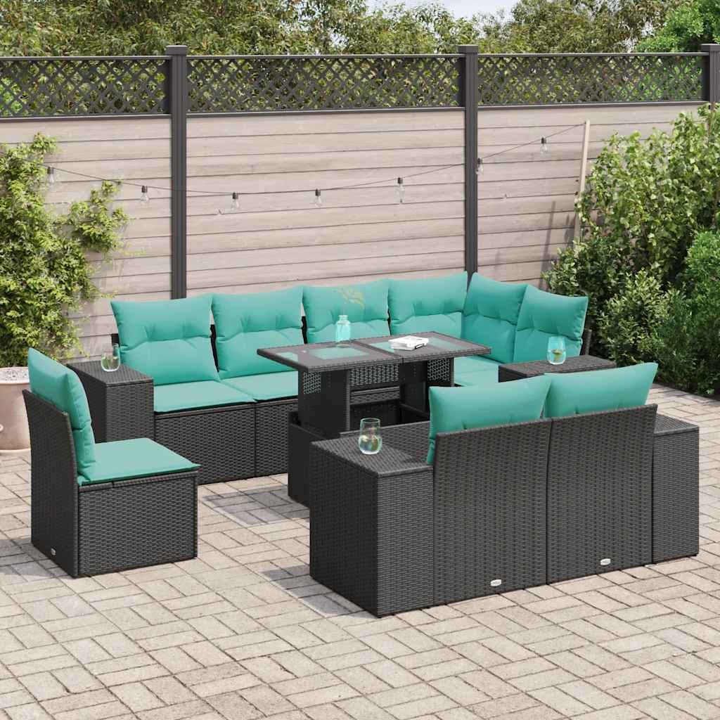 Set Divani Giardino 9 pz con Cuscini Nero in Polyrattan Acacia 3326818