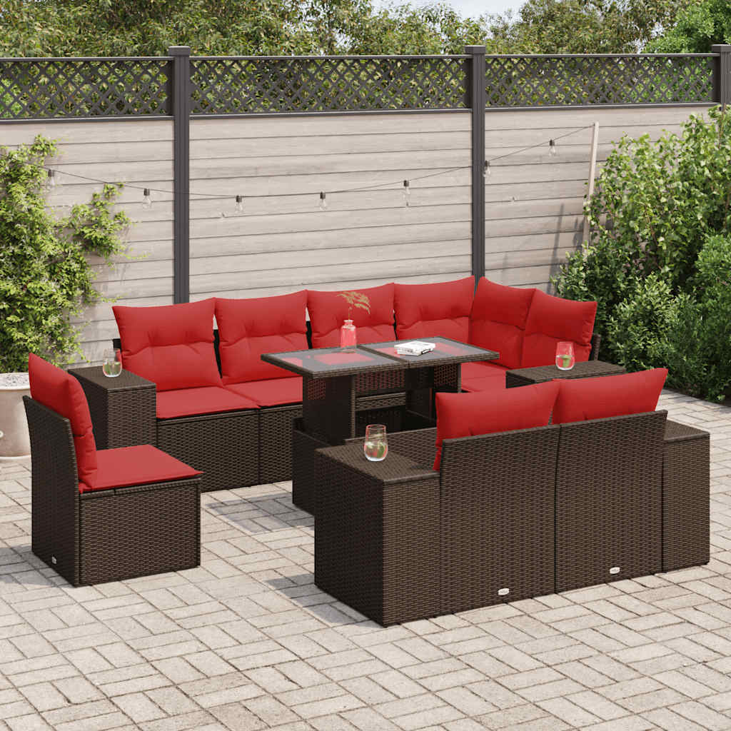 vidaXL Set Divani Giardino 9 pz con Cuscini Marrone Polyrattan Acacia
