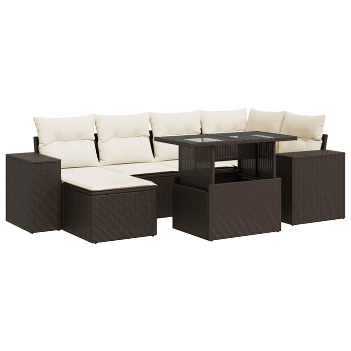 Set Divani da Giardino 7 pz con Cuscini Marrone in Polyrattan